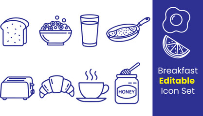 Breakfast line icons, fried egg, bread slice, cereal bowl, milk glass, omelette pan, fruit slice, toaster, coffee cup, honey jar, thin outline, white background