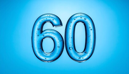 Glossy blue number “60” with water droplets and mirrored reflection on gradient background