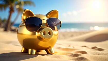 Golden piggy bank with sunglasses on desert sand under bright sun and mountain backdrop