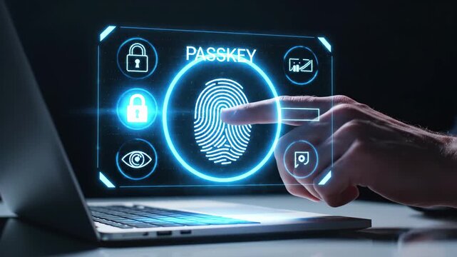Hand interacting with a holographic passkey interface for biometric authentication on a laptop, emphasizing cybersecurity