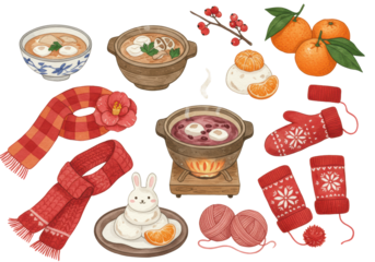 Watercolor set of traditional Japanese winter elements: warm food, cozy decor, and knitwear, on a white background with delicate blue snowflake pattern, concept of Japanese winter comfort.
