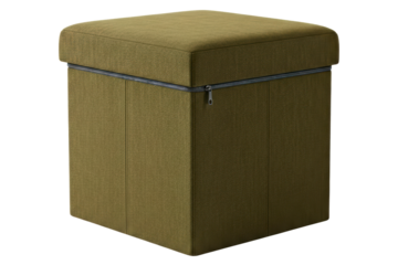 Olive green fabric cube storage ottoman with black zipper closure isolated with transparent background