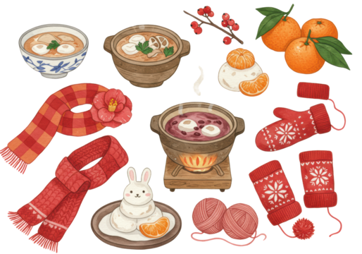 Watercolor set of traditional Japanese winter elements: warm food, cozy decor, and knitwear, on a white background with delicate blue snowflake pattern, concept of Japanese winter comfort.