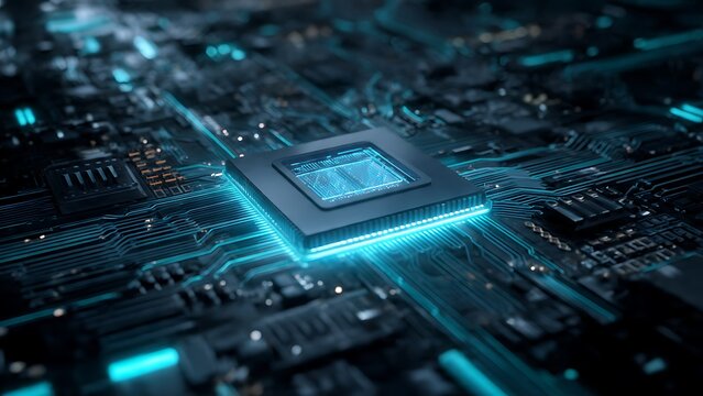 Futuristic Glowing Quantum Processor Chip with Complex Circuit Board Background