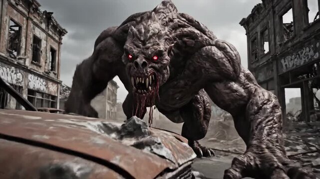 Giant beast with glowing red eyes rampages through a desolate, postapocalyptic urban landscape