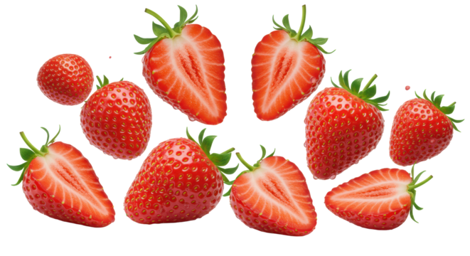 Fresh, ripe, glossy red strawberries, both whole and sliced, with green sepals and visible seeds, suspended mid-air against a transparent background, high-key studio lighting, concept for healthy
