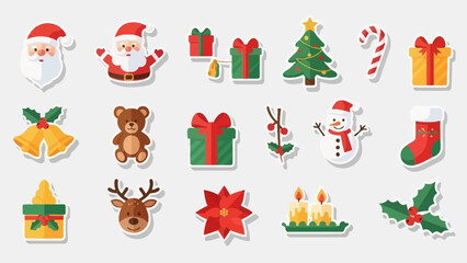 Naklejka premium Cute Christmas Sticker Icon Set in Modern Flat Style