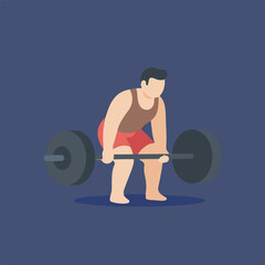 A man in red shorts and a tank top is bending over a barbell, prepared to perform a deadlift, with his legs slightly bent and his back angled forward.