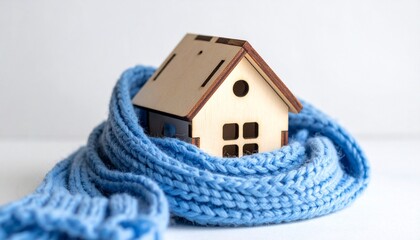 Wooden house model wrapped in blue knitted scarf symbolizing warmth and insulation