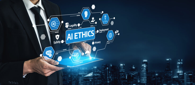 Businessman showcases AI Ethics principles through a holographic interface, emphasizing safety, legality, and privacy. Ideal for digital technology discussions and training. Tessel - Powered by Adobe