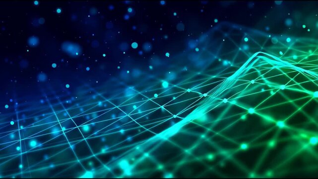 Dynamic blue and green network animation with glowing nodes for futuristic tech, big data, or AI presentations and technology explainer videos
