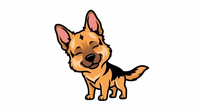 Cartoon illustration of a smiling German Shepherd dog with brown and black fur, standing on a white background.