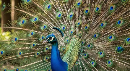 Obraz premium A male peacock displays its vibrant blue and green plumage