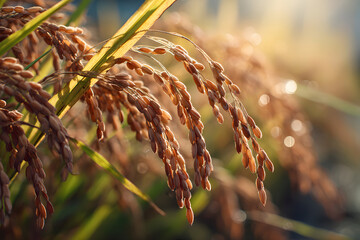 Naklejka premium Golden Rice Grains Bathed in Warm Sunlight