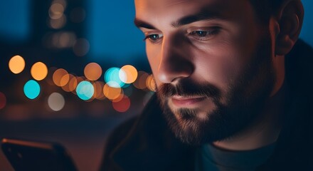 Man using smartphone at night illuminated by screen bokeh lights in background
