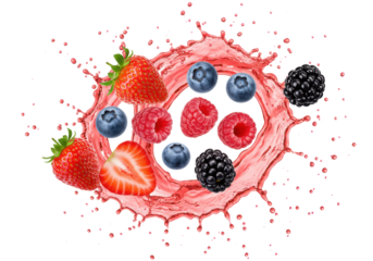 Dynamic splash of red berry juice with droplets, swirling patterns, suspended strawberries, raspberries, blueberries, blackberries on a transparent background, studio-quality high-key lighting,