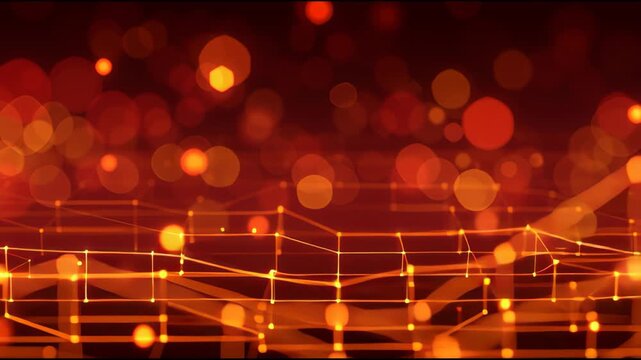 Dynamic glowing network with orange bokeh lights creates a modern digital vibe perfect for technology and innovation presentations or backgrounds