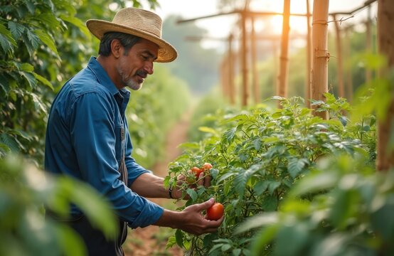 Mature man in straw hat picks ripe tomatoes in garden. Gardener inspects harvest during working day. Agricultural worker cares for tomato plants. Eco farming outdoors. - Powered by Adobe