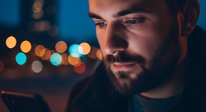 Man using smartphone at night illuminated by screen bokeh lights in background