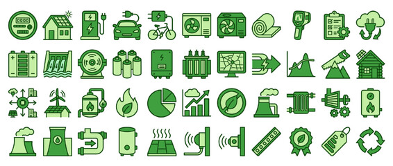 Renewable energy and conservation solid icon set. containing solar, wind, battery, recycling, electric, efficiency, green and more. Vector collection