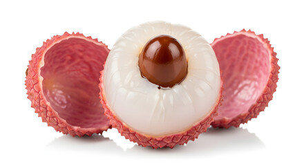 Three fresh lychee fruits, one peeled showing the white flesh and dark seed, isolated on white background