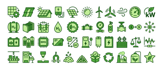 Renewable energy solid icon set. containing solar panels, wind turbines, hydrogen, recycling, energy storage, power plant, and more. Vector collection