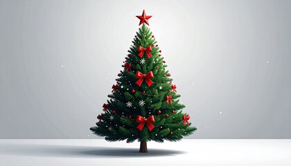 Decorated Christmas Tree with Red Bows and Star on White Background.