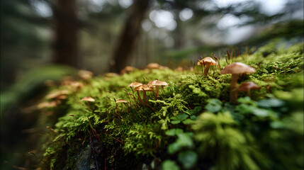 Obraz premium Tiny Mushrooms on Moss in a Misty Forest