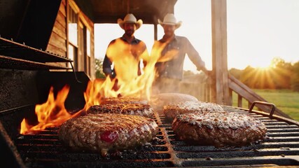 Two cowboys grill burgers on a fiery barbecue at sunset, enjoying an outdoor cooking event