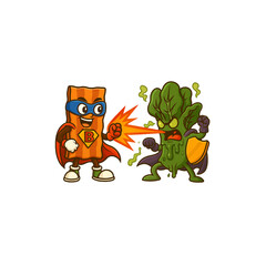 Food Fight Showdown: A bacon superhero fearlessly faces off against a broccoli villain in a colorful, dynamic illustration, highlighting the eternal battle between deliciousness and health. 