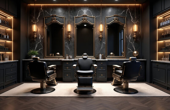 Modern luxury barbershop interior with dark design. Three empty black chairs face ornate mirrors on marble walls. Glowing shelves display various hair products. Upscale professional salon offers