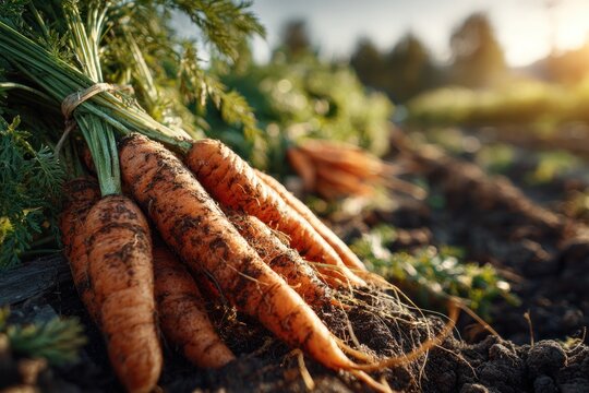 Fresh Carrots Harvested from Soil in Natural Organic Farm Field