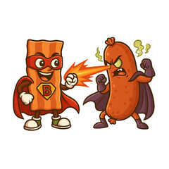 Bacon Hero vs. Sausage Villain: A bold illustration depicts a playful battle between a heroic bacon character and a villainous sausage. The bacon hero, with a cape and mask, fires a beam of energy.