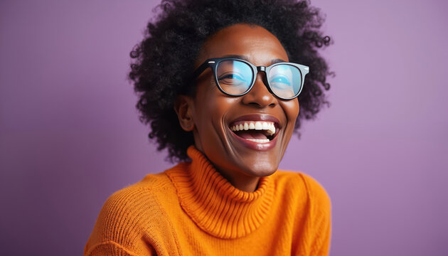 Joyful senior black woman smiles wearing glasses on purple backdrop. Elderly female with afro hairstyle laughs. Woman express positivity, happiness. Wears orange sweater posing in studio on colorful - Powered by Adobe