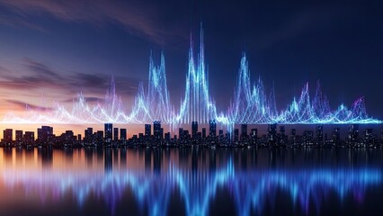 Modern city skyline with vibrant data waves reflecting on water for a dynamic technology background, perfect for finance and innovation concepts
