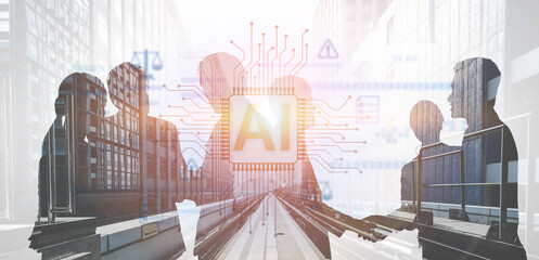 AI circuit microchip with glowing blue lines, surrounded by legal scales, warning symbols, data...