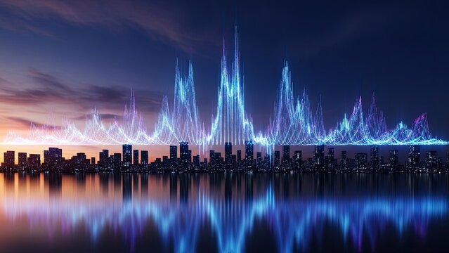 Modern city skyline with vibrant data waves reflecting on water for a dynamic technology background, perfect for finance and innovation concepts