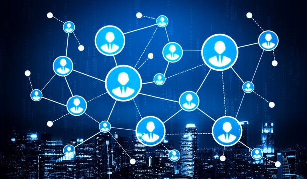 Explore the concept of digital connections with user icons linked across a network, set against a modern city skyline illustrating technology impact on social relationships. Tessel