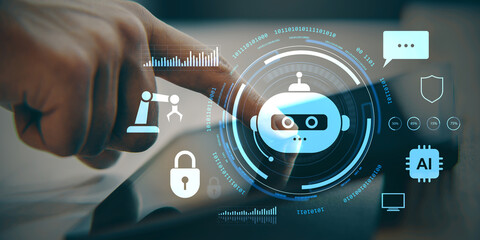 Chatbot interface icons with artificial intelligence technology on digital tablet screen and user hand interacting with futuristic display concept.