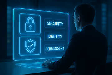 Digital identity access management and data protection; businessman viewing a holographic interface with security identity and permissions text alongside icons