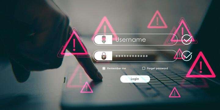 Cybersecurity warning during login attempt with digital alert symbols over keyboard indicating data threat and online safety breach concept. - Powered by Adobe