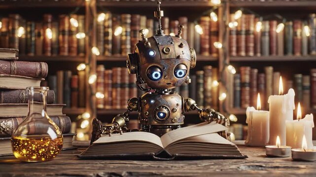 Steampunk robot reading an old book in a cozy library with candles and glowing lights