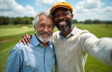 Two smiling men, one senior with grey beard, one african american, take selfie on sunny golf course. Friends enjoy outdoor leisure time, recreational activity together. They pose happily for photo.