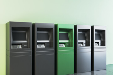 Row of modern ATM machines with one green unit standing out in a clean hallway. Banking technology concept for mockup or branding template. 3D Rendering