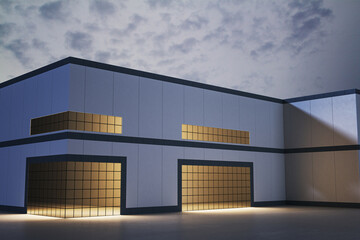 Obraz premium Modern industrial building exterior with illuminated golden facade at dusk under a cloudy sky, featuring sleek architectural design elements. 3D Rendering
