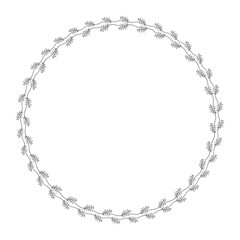 Hand drawn plants, dividers, wreaths, border frames. Circle floral frame with leaves on white background. Vector hand drawn illustration for wallpaper, posters, card. Copy space. Doodle style.