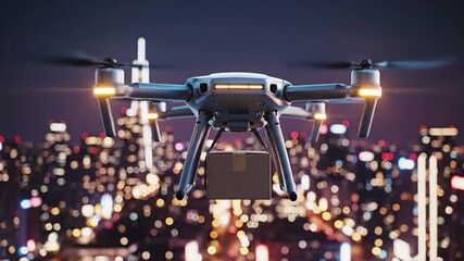 A futuristic drone carrying a delivery package flies over a vibrant, illuminated city at night - Powered by Adobe