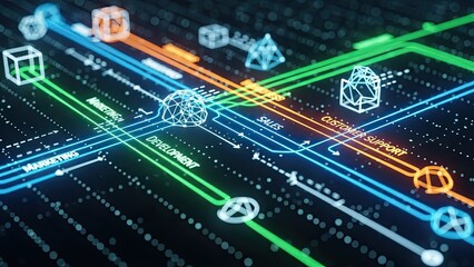 Modern business process visualization for marketing, sales, development, and customer support with vibrant glowing lines and futuristic design elements for a dynamic presentation