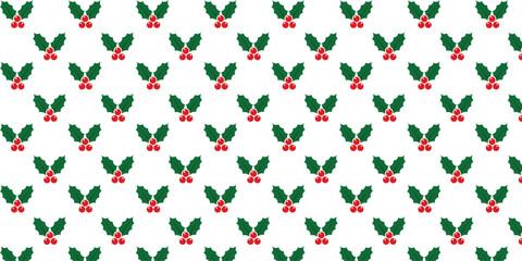 Seamless festive pattern with simple green holly leaves and bright red berries on a clean white background, ideal for Christmas wrapping paper, textiles, gift packaging, greeting cards and seasonal de
