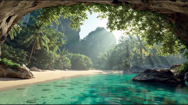 Magical tropical beach paradise beckons with crystal waters and sun-drenched sands, a stunning escape for ultimate relaxation and adventure